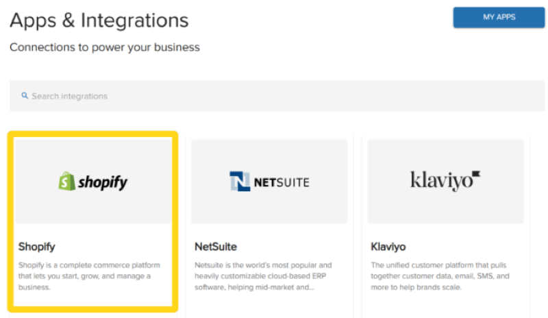 Apps & Integrations page displaying Shopify integration tile