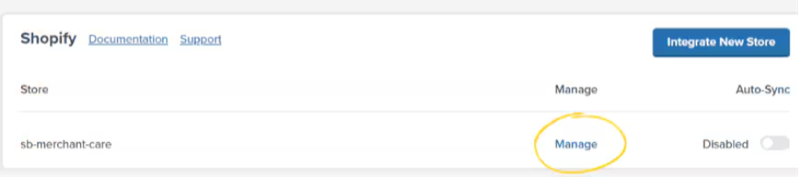 Shopify integration showing Manage button