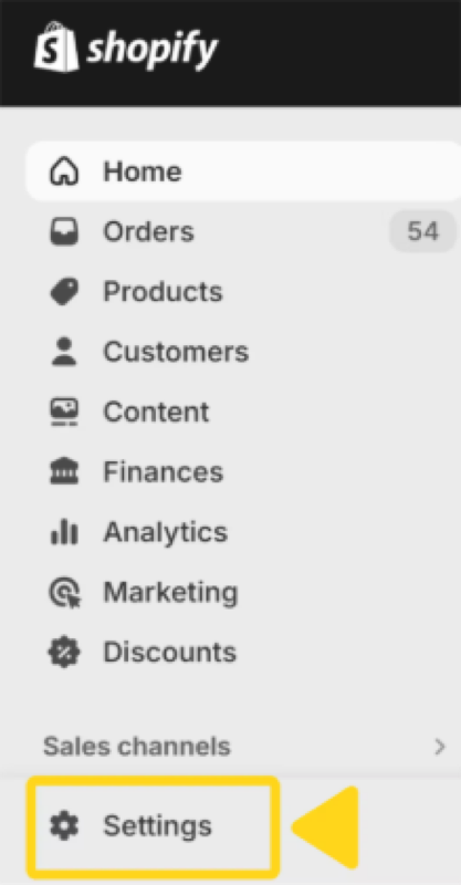 Shopify admin showing Settings option in navigation menu