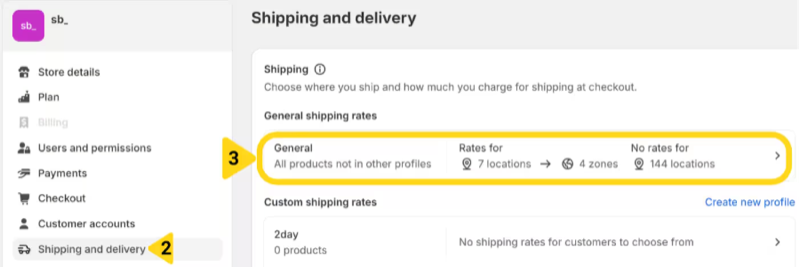 Shopify Settings page showing Shipping and delivery option