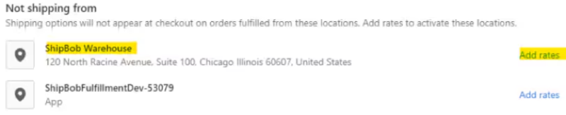 Shopify Shipping origins section showing ShipBob fulfillment service location