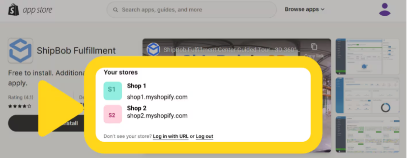 Store selection dialog showing available Shopify stores to connect