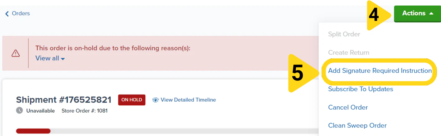 Order Details page with Actions dropdown showing Add Signature Required Instruction option