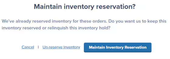Pop-up dialog showing Maintain Inventory Reservation option