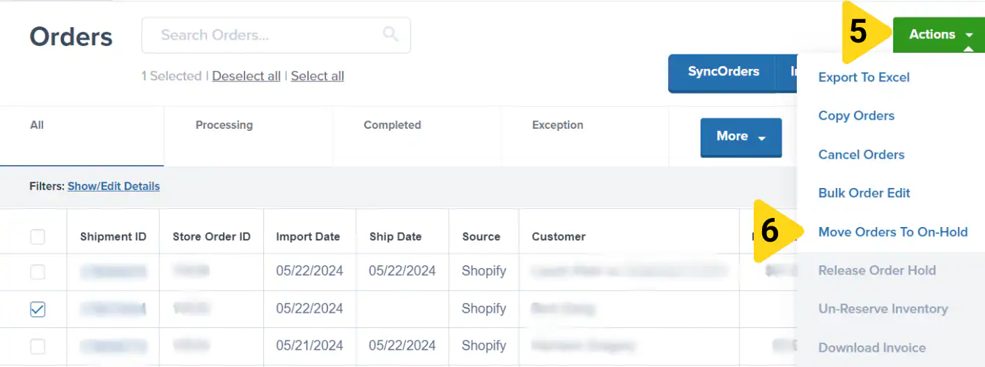 Actions dropdown menu showing Move Orders To On-Hold option