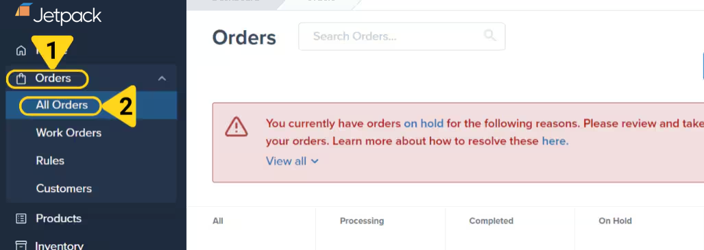 Orders page showing Orders menu and All Orders option