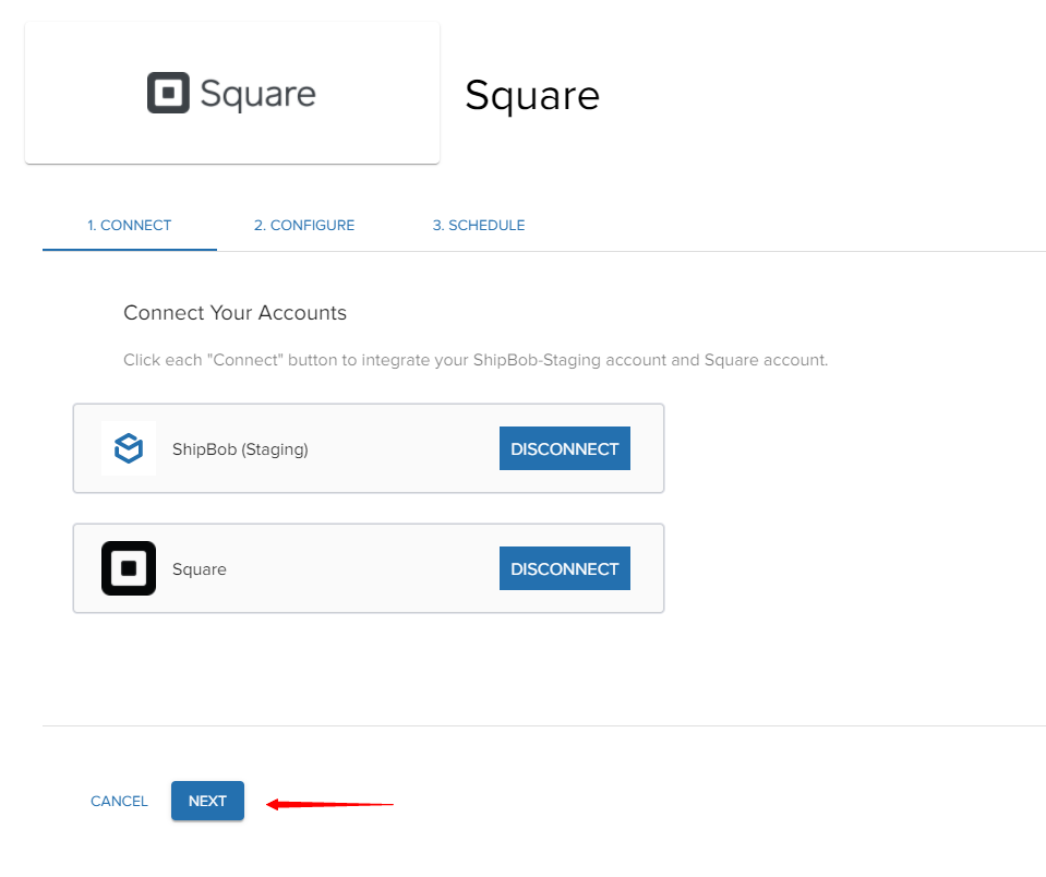 Connection screen showing ShipBob and Square both connected with NEXT button