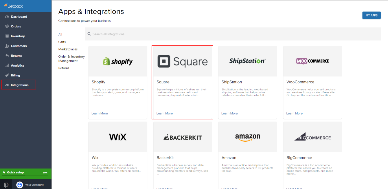 Jetpack App Store showing Square integration tile
