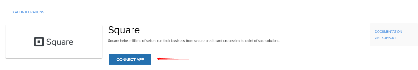Square integration page with CONNECT APP button