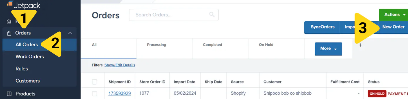 Jetpack dashboard showing Orders navigation with All Orders selected and New Order button highlighted