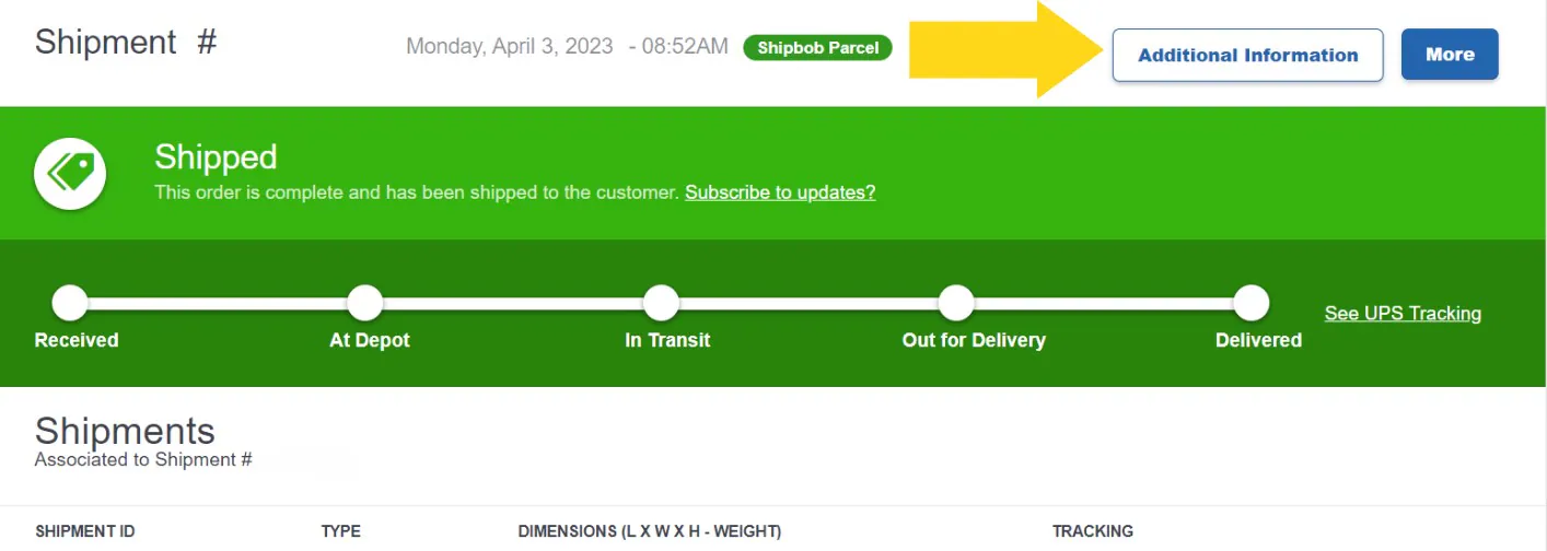 Order details page showing Additional Information button next to Shipbob Parcel shipping method badge with shipment tracking timeline below