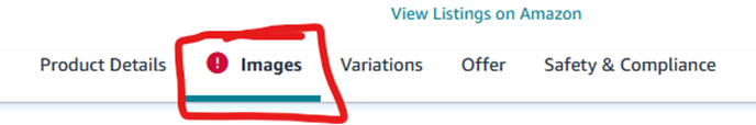 Amazon Seller Central product editor tabs with Images tab highlighted showing exclamation mark indicator