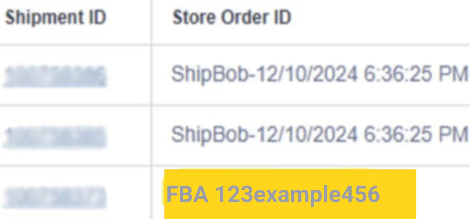 Order list showing Store Order ID transitioning from ShipBob timestamp to Amazon FBA ID (FBA 123example456) after packing