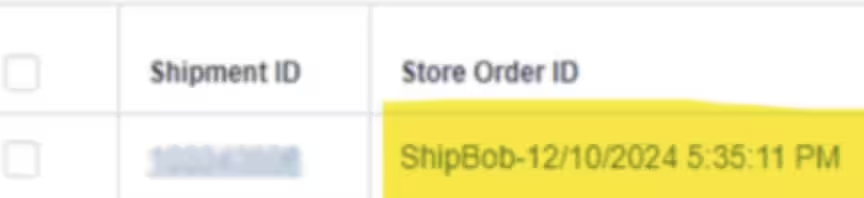 Order list showing Store Order ID as ShipBob-12/10/2024 5:35:11 PM before packing