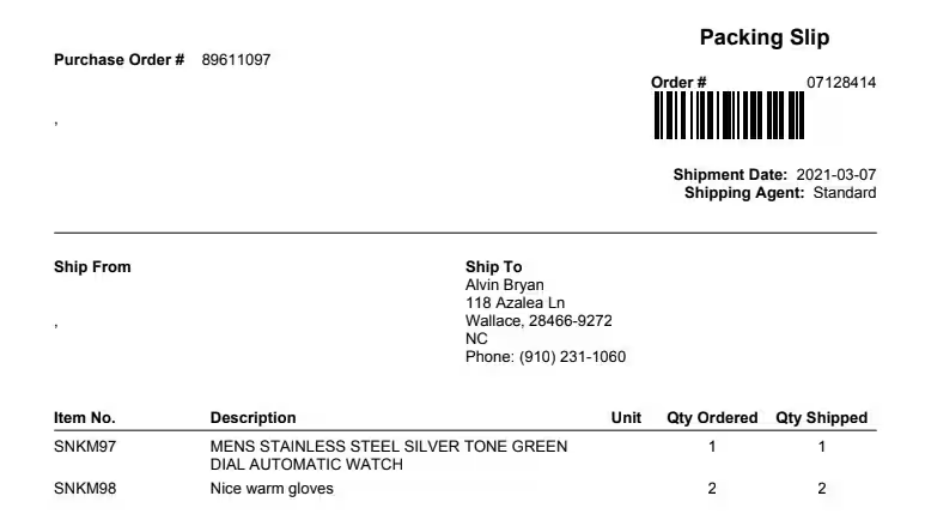 Example B2B packing slip showing order details and line items