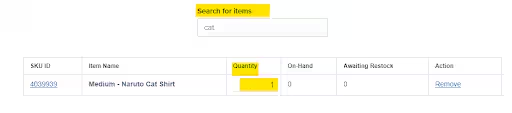 Product search field with quantity entry for FBA LTL order