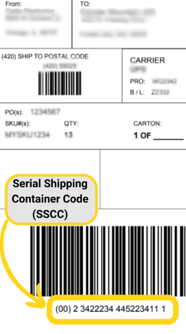 Example GS1 label showing serial shipping container code (SSCC) barcode with highlighted callout indicating the unique SSCC identifier