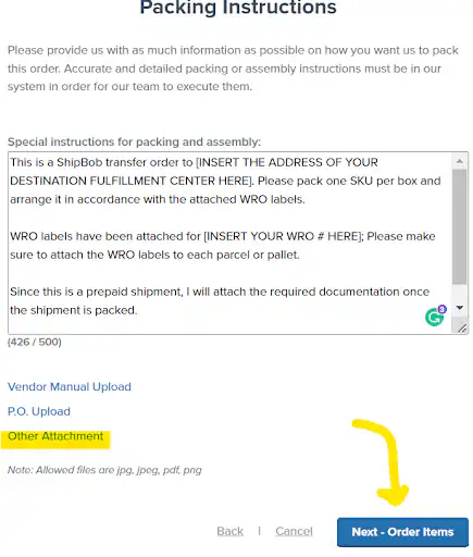 Packing Instructions field showing transfer order template text and Other Attachment button