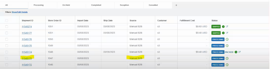 Jetpack orders dashboard showing imported B2B orders with Manual B2B source