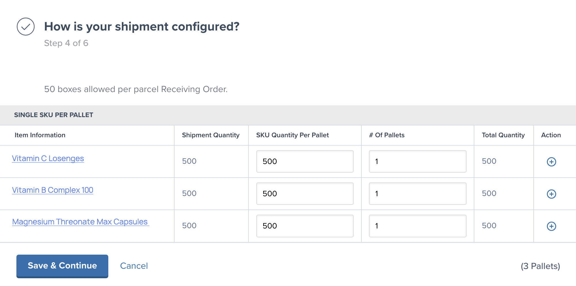 Entering product quantities and box details