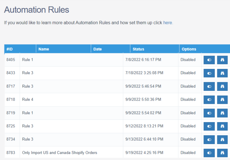 Automation Rules list showing rule ID, name, date created, status, and options to enable/disable or view details