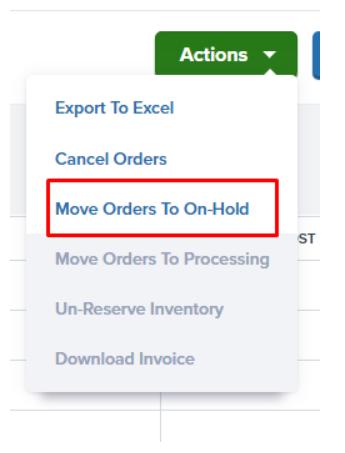Actions dropdown menu with Move Order To On-Hold option highlighted