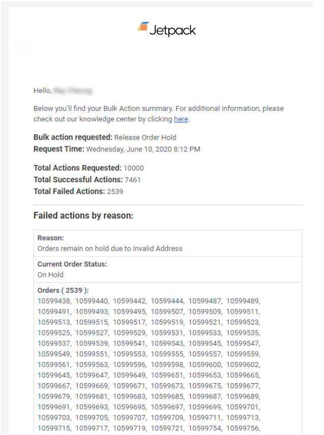 Bulk action summary email showing success and failure results