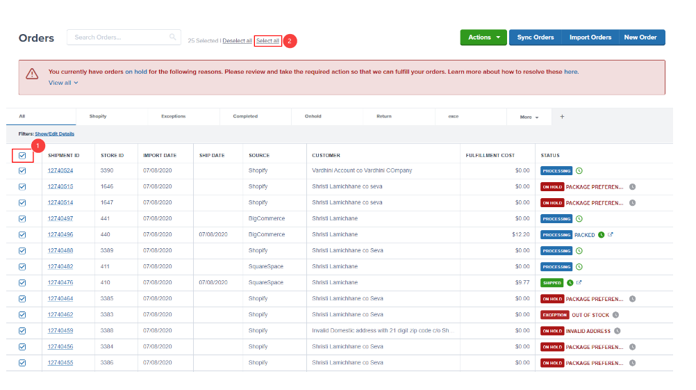 Orders page with selected orders and Actions button highlighted