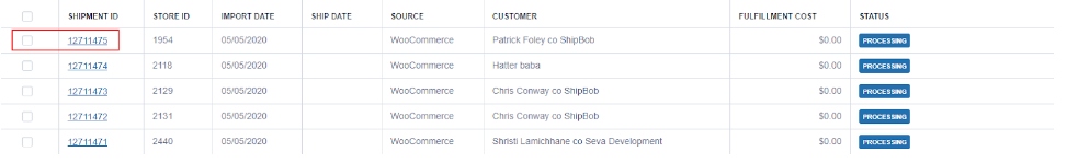 Orders table with checkboxes next to individual orders