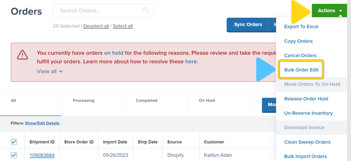 Actions dropdown menu with Bulk Order Edit option highlighted
