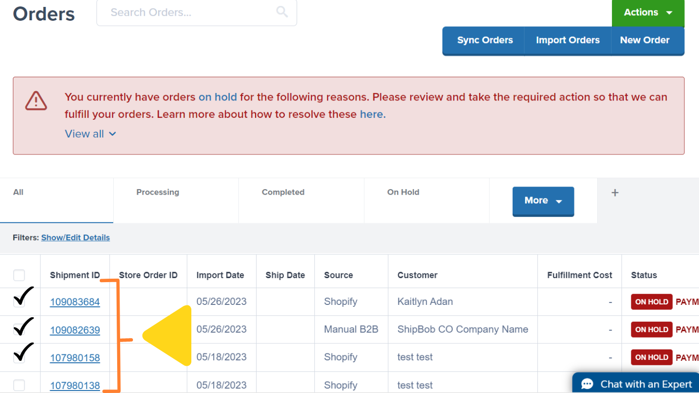 Orders page with checkboxes selected for bulk editing