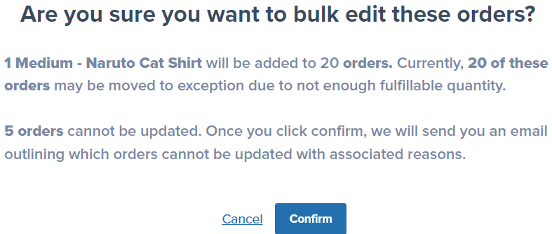 Confirmation dialog showing summary of orders to be updated