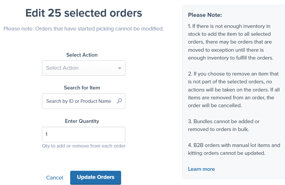 Bulk Edit dialog showing action selection, item search, and quantity fields