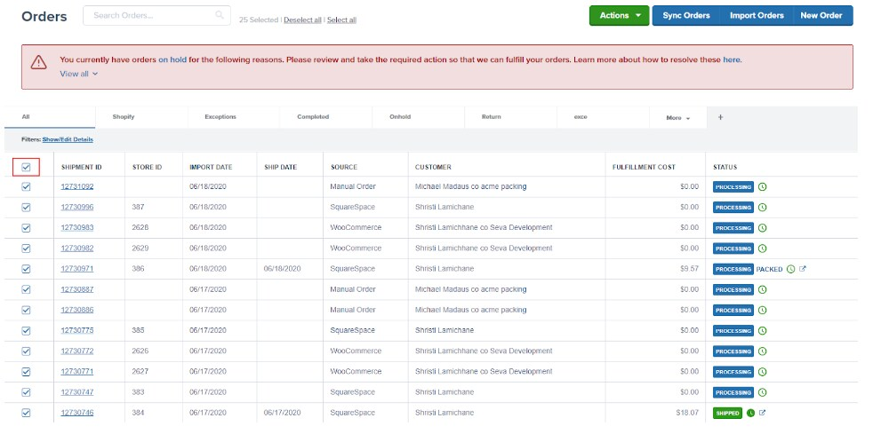 Bulk selection of multiple orders with checkboxes