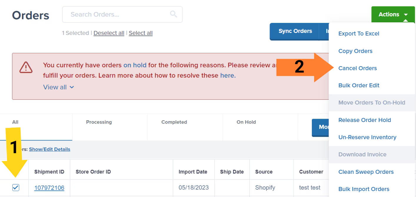 Orders page showing Actions dropdown with Cancel Orders option