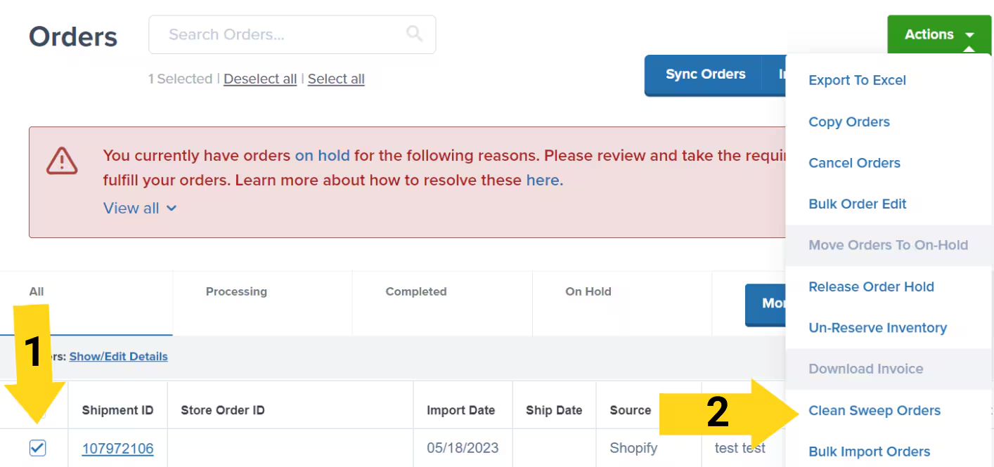 Orders page showing Actions dropdown with Clean Sweep Orders option