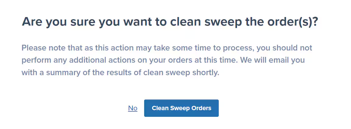 Clean sweep confirmation pop-up window with success message