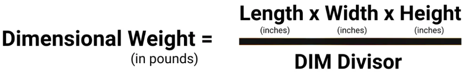 Dimensional weight formula showing Length x Width x Height (in inches) divided by DIM Divisor equals DIM weight in pounds
