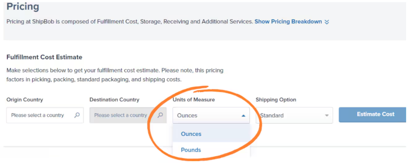 Fulfillment Cost Estimate showing Units of Measure dropdown with Ounces and Pounds options