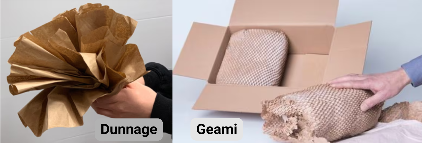 Examples of protective packaging materials: Dunnage (brown paper filler) and Geami wrap