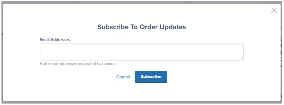 Subscribe to Order Updates dialog with email address field