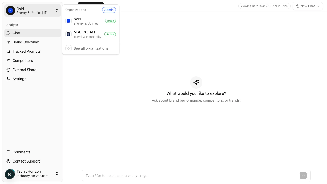 Organization switcher in chat interface
