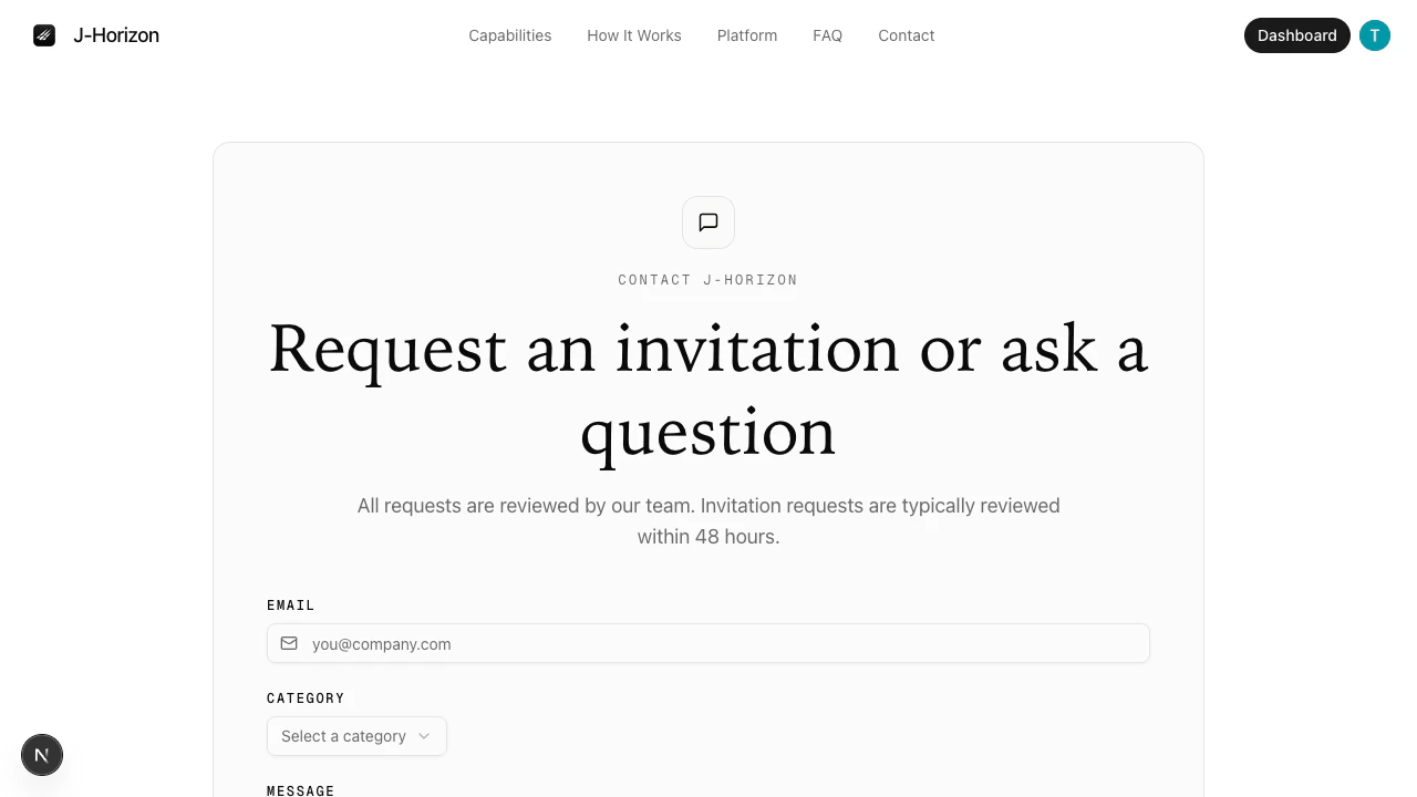 Invitation request form with email, category, and message fields