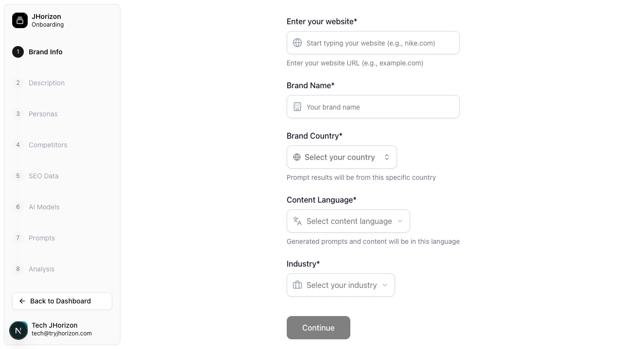 Organization creation wizard showing the step-by-step onboarding flow