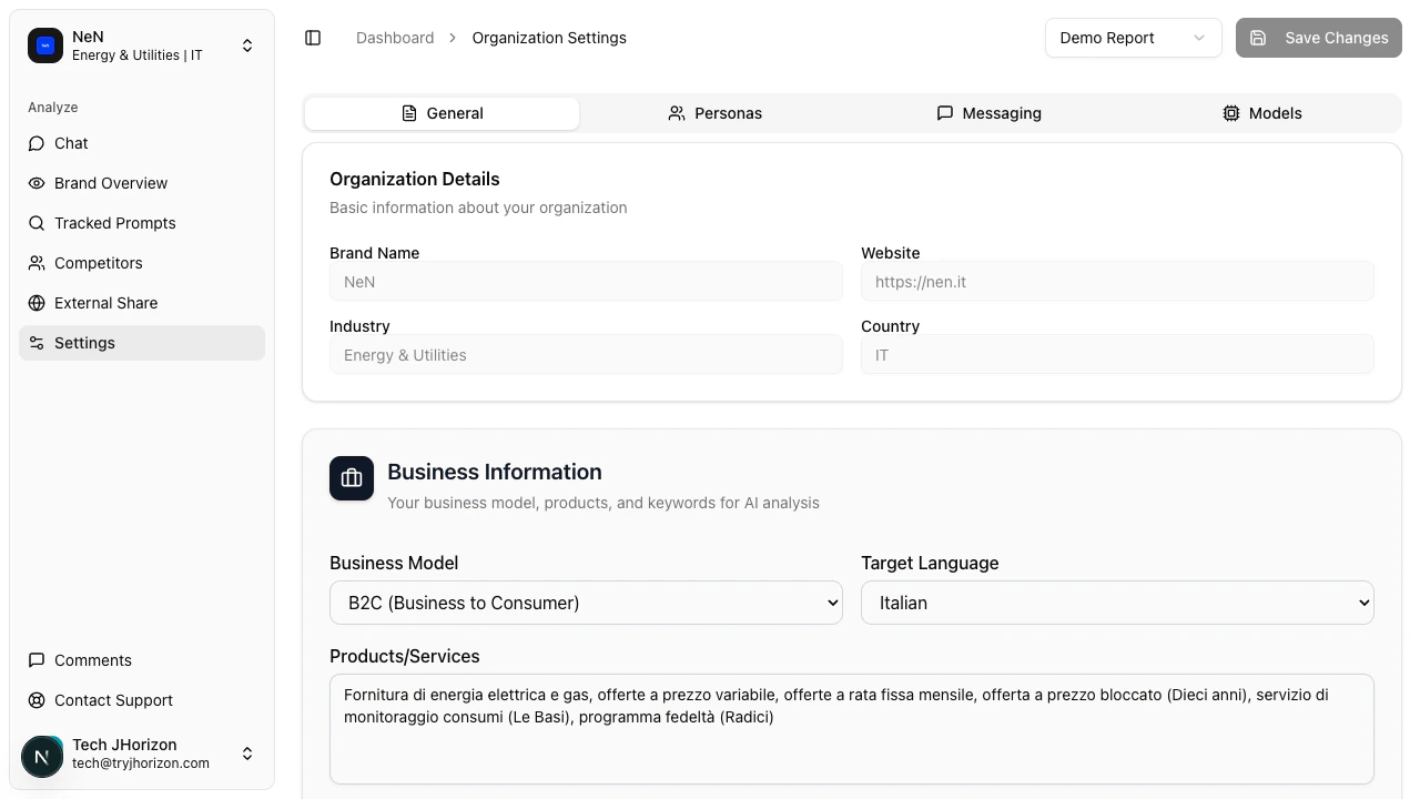 Organization settings page showing the General tab with brand profile fields