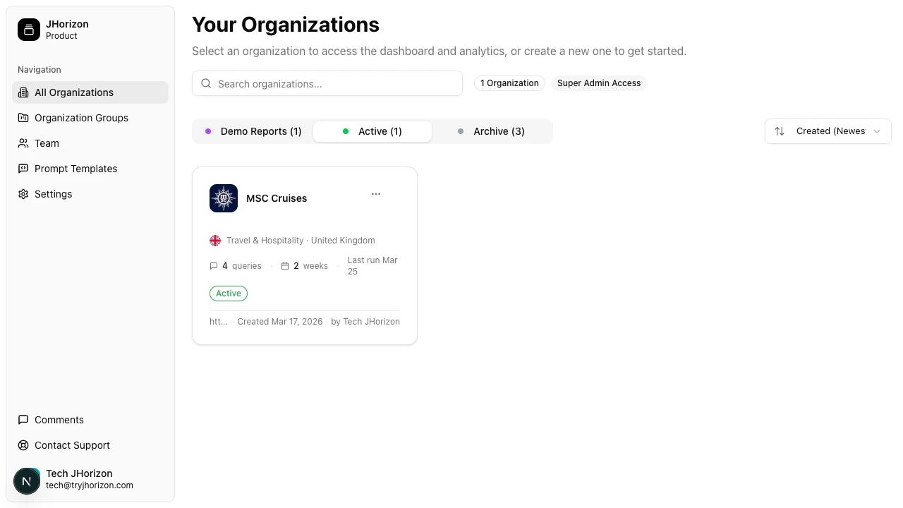Organizations list showing brand cards with status badges and metadata