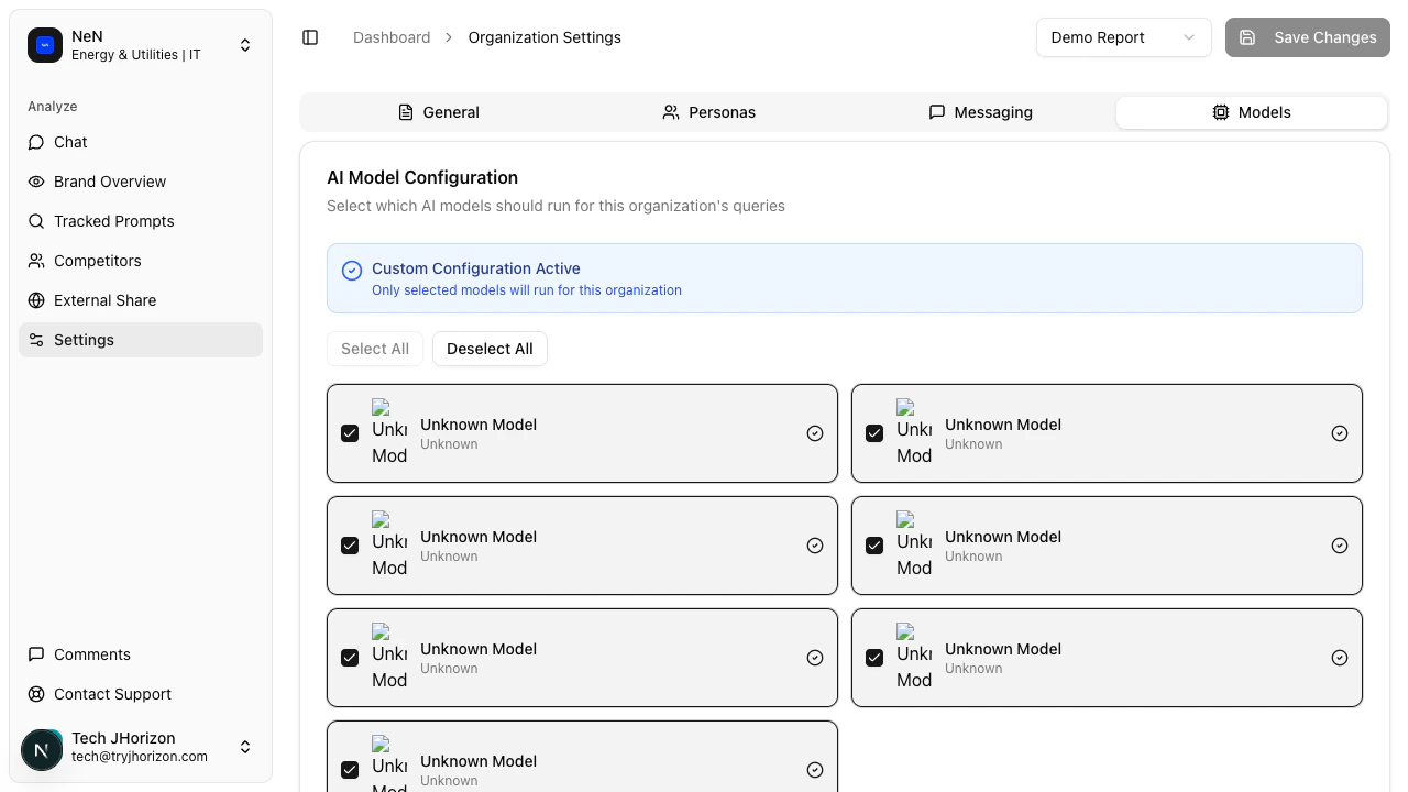 Models tab showing available AI platforms with selection checkboxes