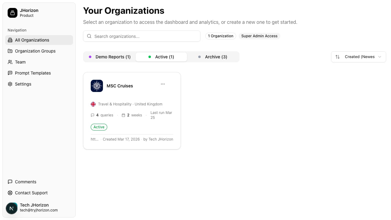 Active status tab selected on the organizations page