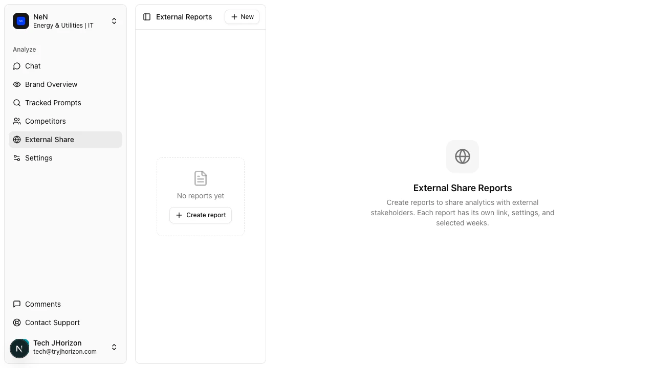 External share reports page showing report list