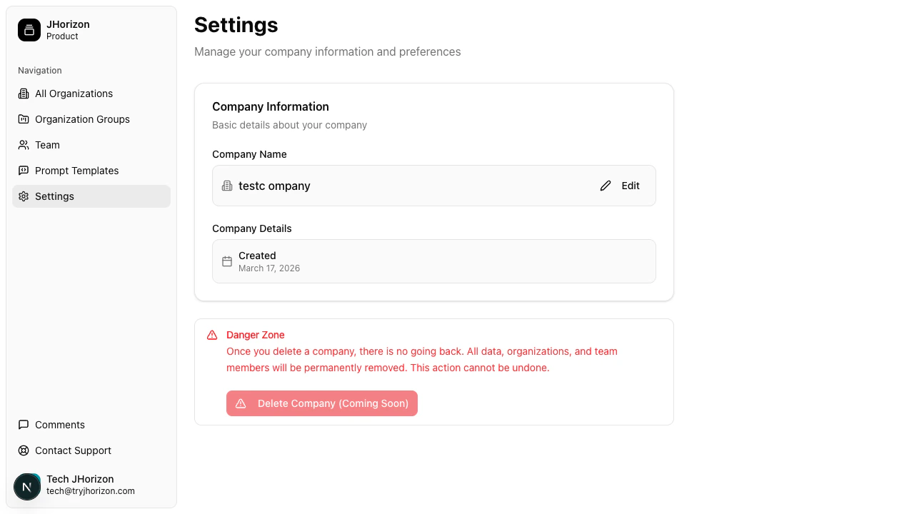 Company settings page showing company name and details